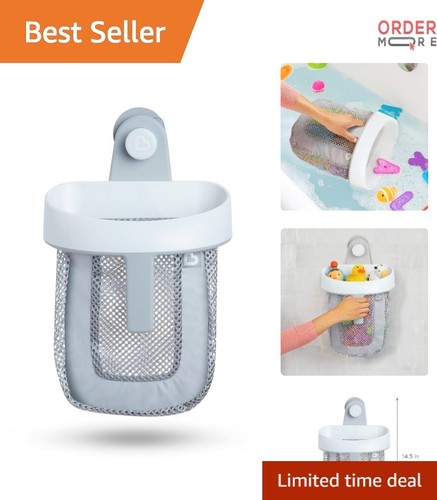 Bath Toy Storage Mesh Hanging Bag Grey Quick Drying Clips Safe Bath Organizer