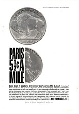 1961 Print Ad Air France Jet Paris 5 1/2 Cents a Mile Buffalo Nickel 1/2 Penny