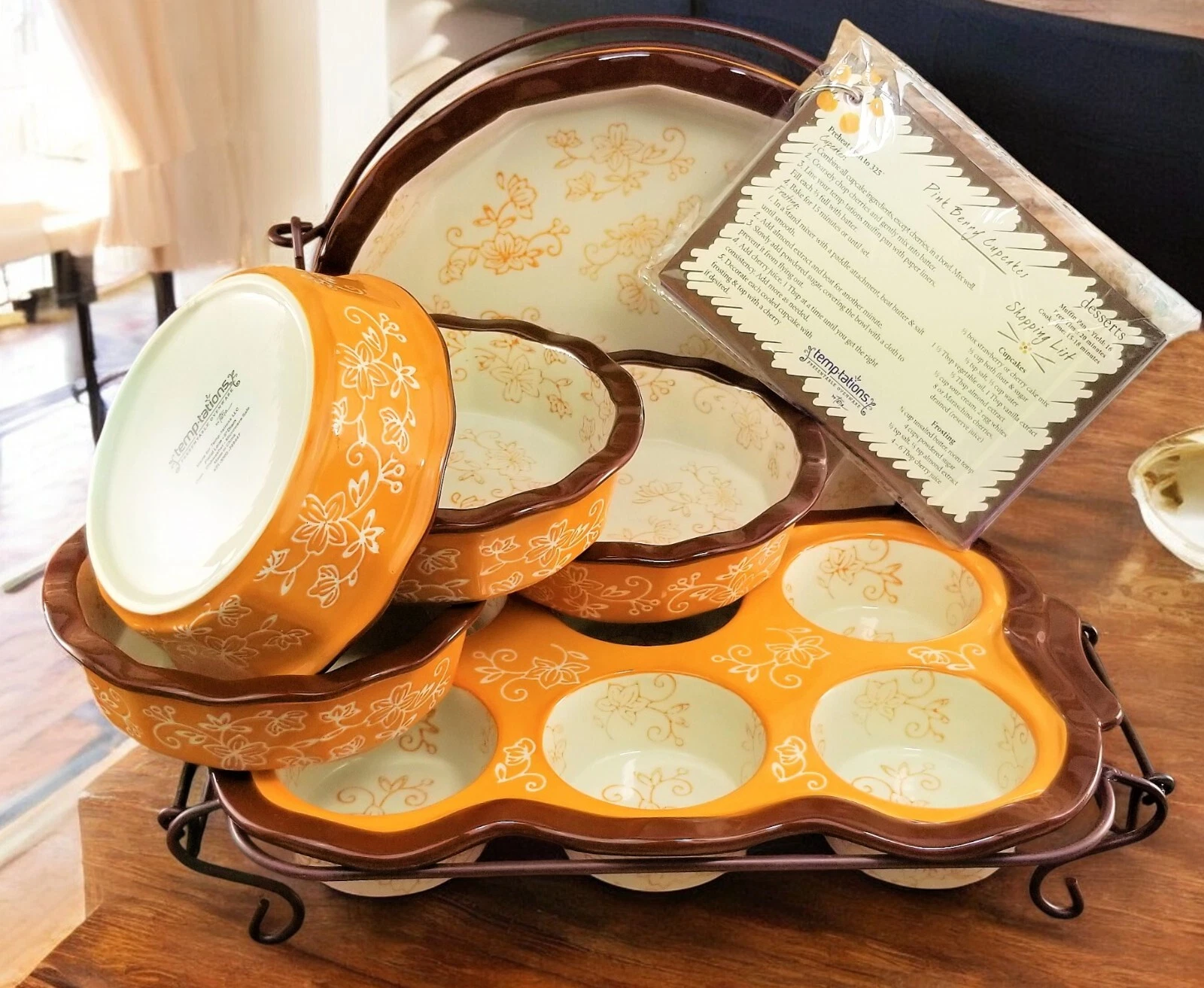 VTG Temptations By Tara Orange Floral Lace 9 Muffin Casserole Ramekins Bakeware