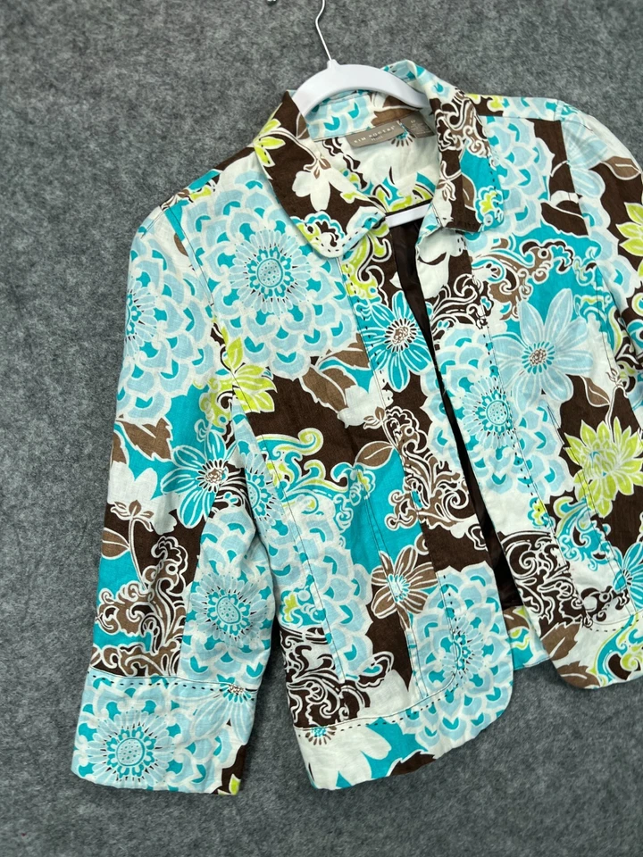 Chaqueta Blazer Kim Rogers Petite Mujer 6P Azul Marrón Floral 100% Lino Abrigo Foto 4 de 4