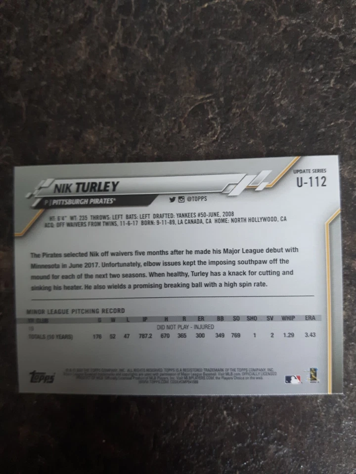 2020 Topps Update Series Rookie Nik Turley RC Card# U-112 - Image 2 of 2