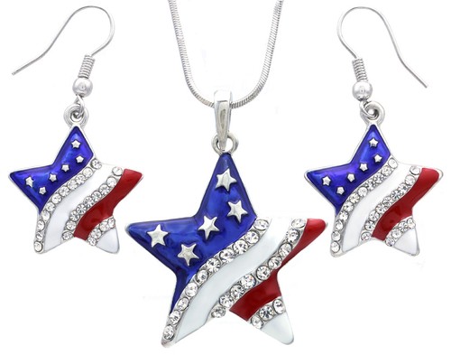 USA American Flag Star 4th of July Veteran Day Patriotic Earrings Necklace Set - Picture 1 of 2