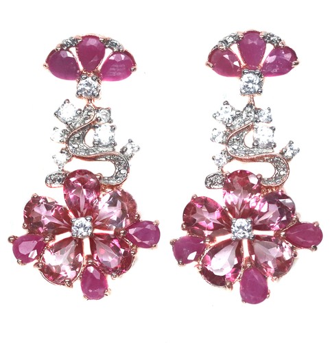 Pink Mystic Topaz, Ruby & Zircon Earrings Silver 925 Sterling Rose Gold Plated