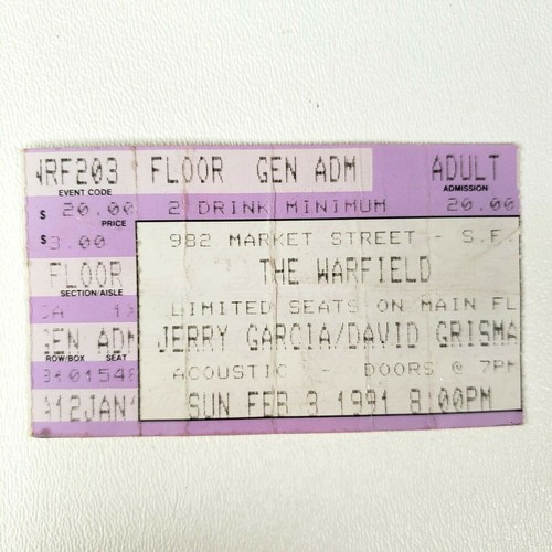 Vtg Jerry Garcia David Grisma Ticket Stub Feb 3 1991 SF California The