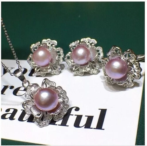 Gorgeous AAAA+ 8-9mm South Sea PURPLE Stud Pearl Pendant Earring Ring Set 925S..