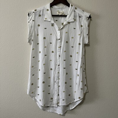 Per Se Women's Lemons Rayon Cuffed Cap Sleeve Collar Button Down Shirt SZ M