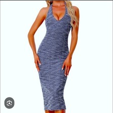 Rumored Bodycon Halter Riptide Midi Montauk Blue Open Back Knit NWT Beach Size S