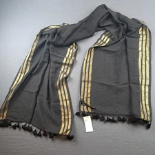NWI Eileen Fisher Black Gold Tassled Shimmer Wool Wrap Scarf Boho Bohemian 80x20