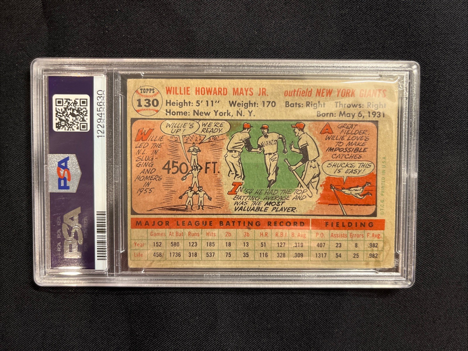 1956 Topps - Willie Mays #130 Gray Back PSA 2 Crease And Wrinkle Free view 2