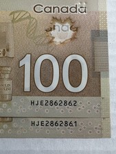 (2) CONSECUTIVE REPEATER SERIAL 2011 CANADA $100 DOLLARS  : HJE 2862862/2862861