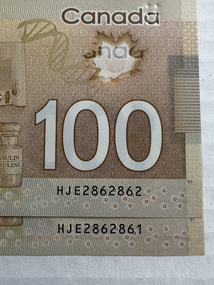 (2) CONSECUTIVE REPEATER SERIAL 2011 CANADA $100 DOLLARS  : HJE 2862862/2862861 - Image 2 of 3