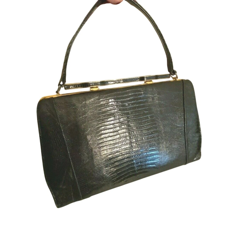 Vintage Mid Century Top Handle Purse Black / Brown Lizard Skin Textured Leather - Image 3 of 4