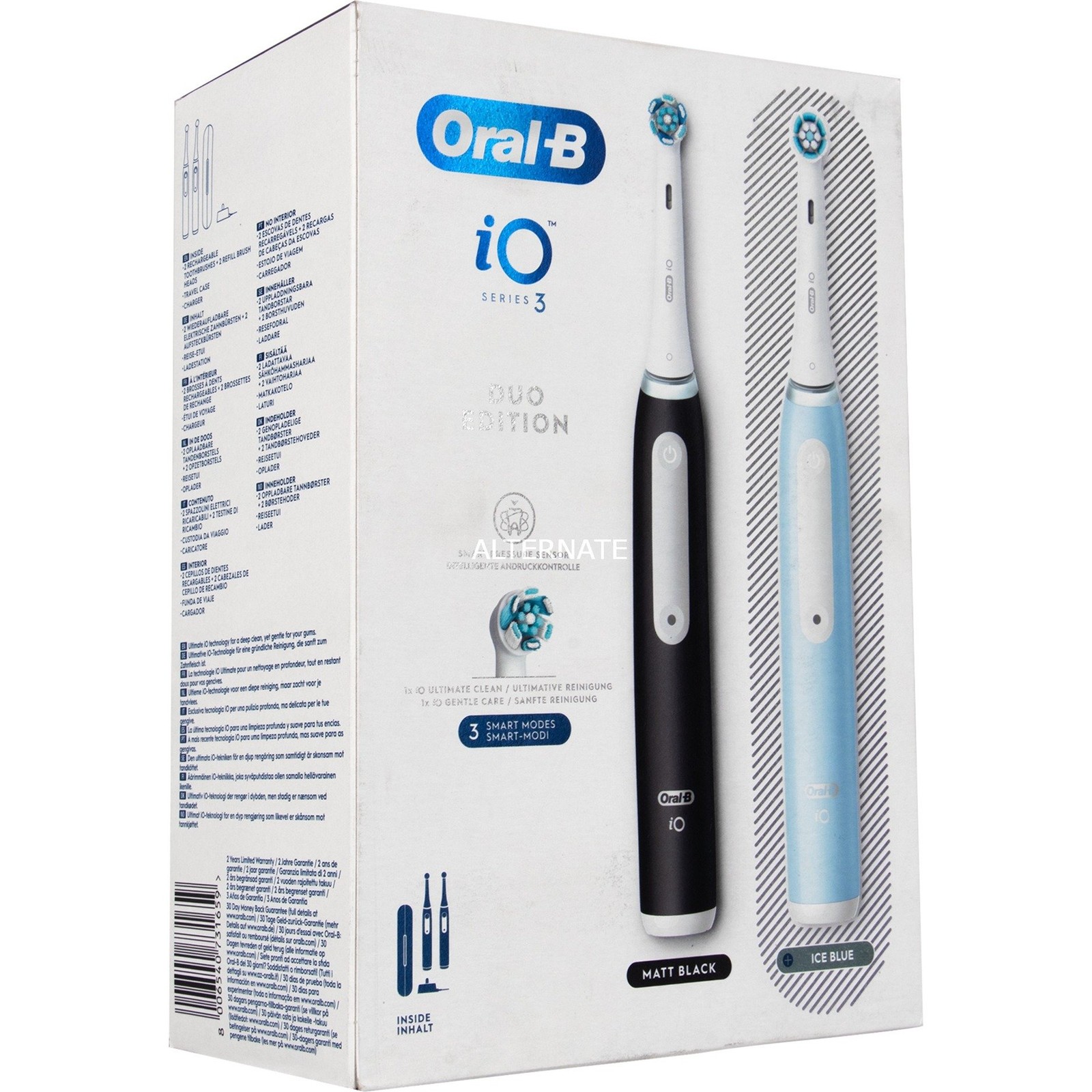 Oral-B Nero/Azzurro/Nere Io 3 Duo E 2 Testine, 1 Custodia Da Viaggio + 6 Testine Di Ricambio Io Ultimate Clean E Bianche + Dentifricio Advanced Prevenzione Tartaro - Immagine 2