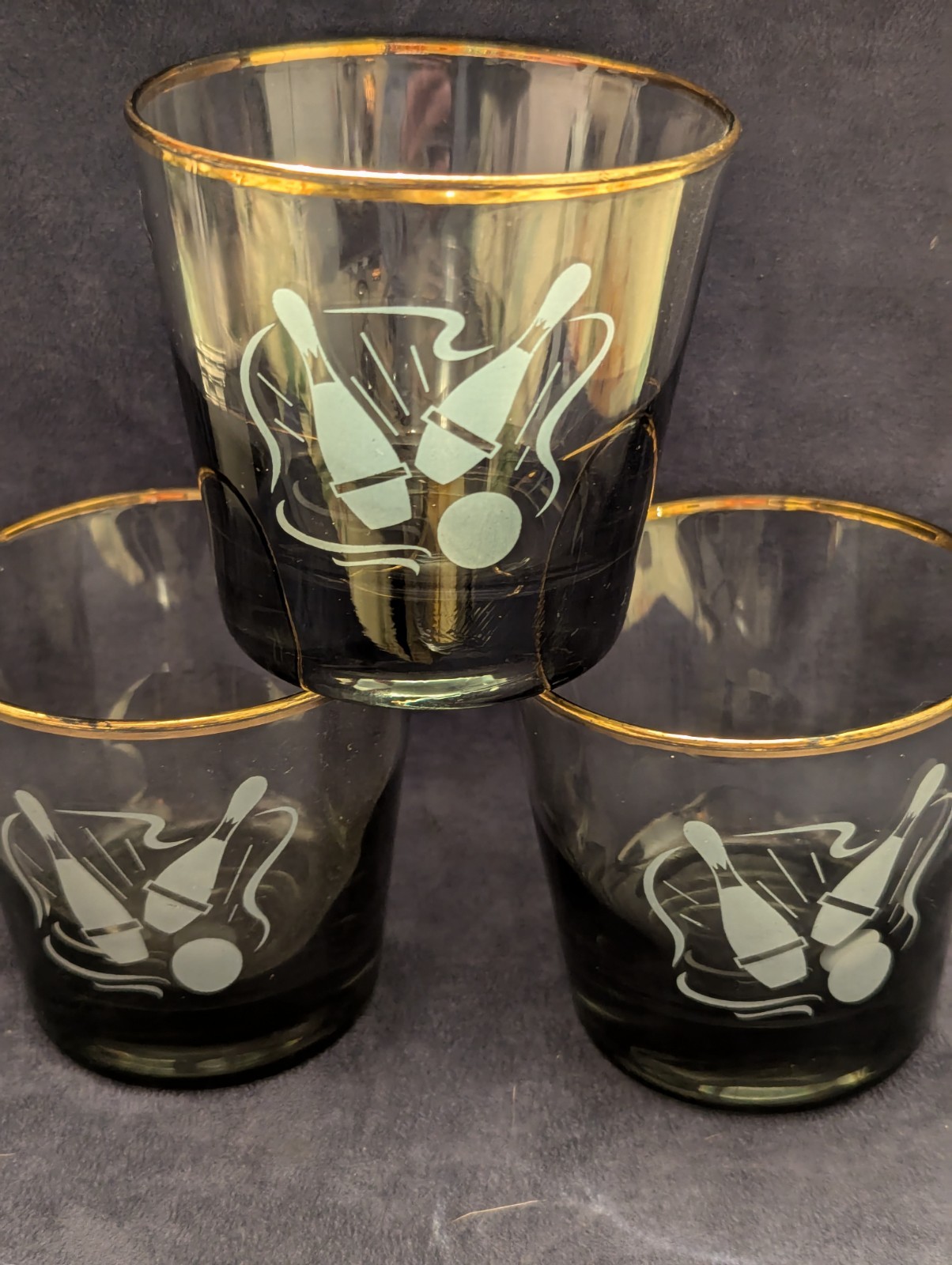 MCM Smoked Black Whiskey Sour Glass Set of 3 with Gold Trim