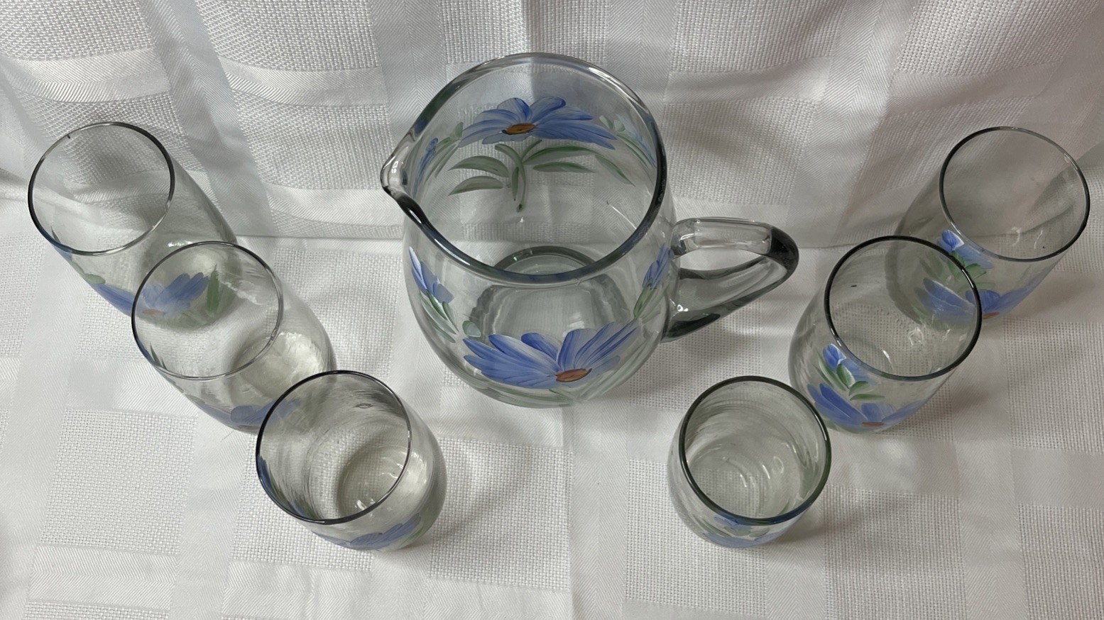 Set of 6 Hand Painted  Pitcher and Drinking Glasses Vintage