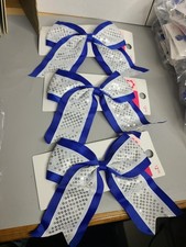 24 Performance Hair Bows Blue White Sequins. Cheer. New. PonyTail holders