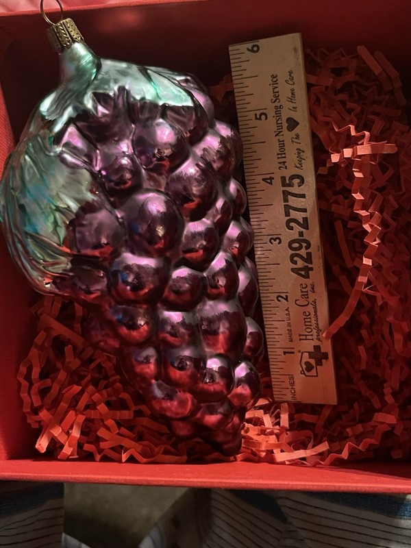Vintage German mercury glass Grape Cluster Ornament, Purple & Green Leaves, 8 in