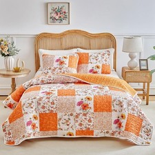 3 Pieces Floral Patchwork Quilt Set Queen, Orange n White Flowers Design