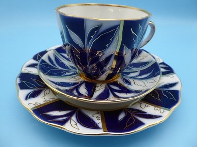 Lomonosov Winterabend Kaffeegedeck 3-tlg. klein LFZ Kobaltblau Gold UdSSR