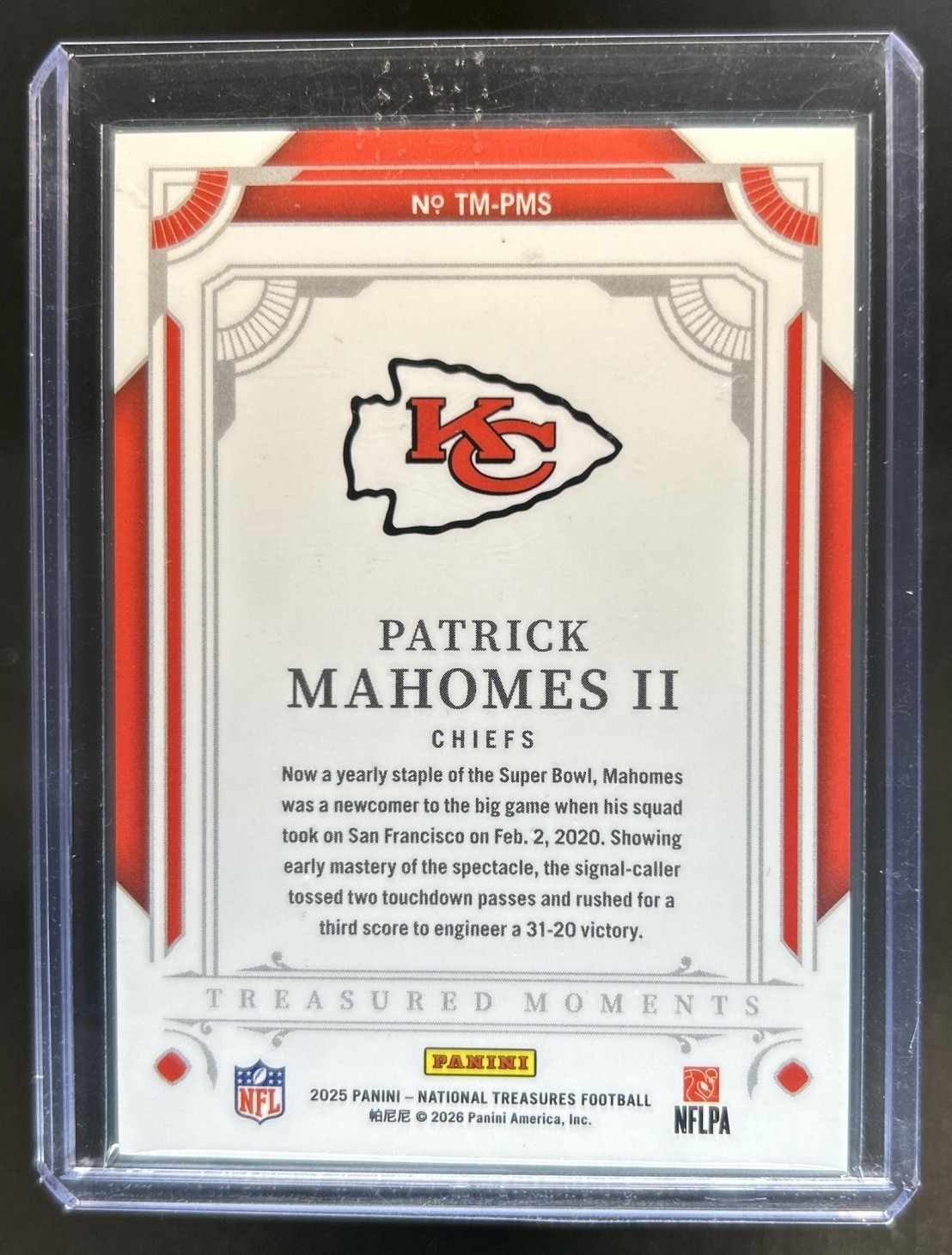 2025 Panini National Treasures Patrick Mahomes II Treasured Moments #/99 Chiefs view 2