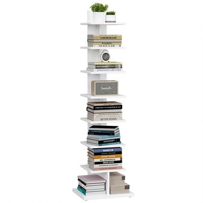 Tall Narrow Bookcase 8 Tier, Spine Shelf for Study and Office, White