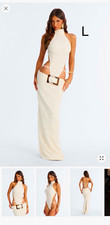 Women’s White Halter Maxi Dress L Regular Sleeveless Backless Cut Out Buckle