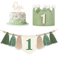 High Chair Banner for 1st Birthday Party Boy Decorations With Green Tassel Ga...