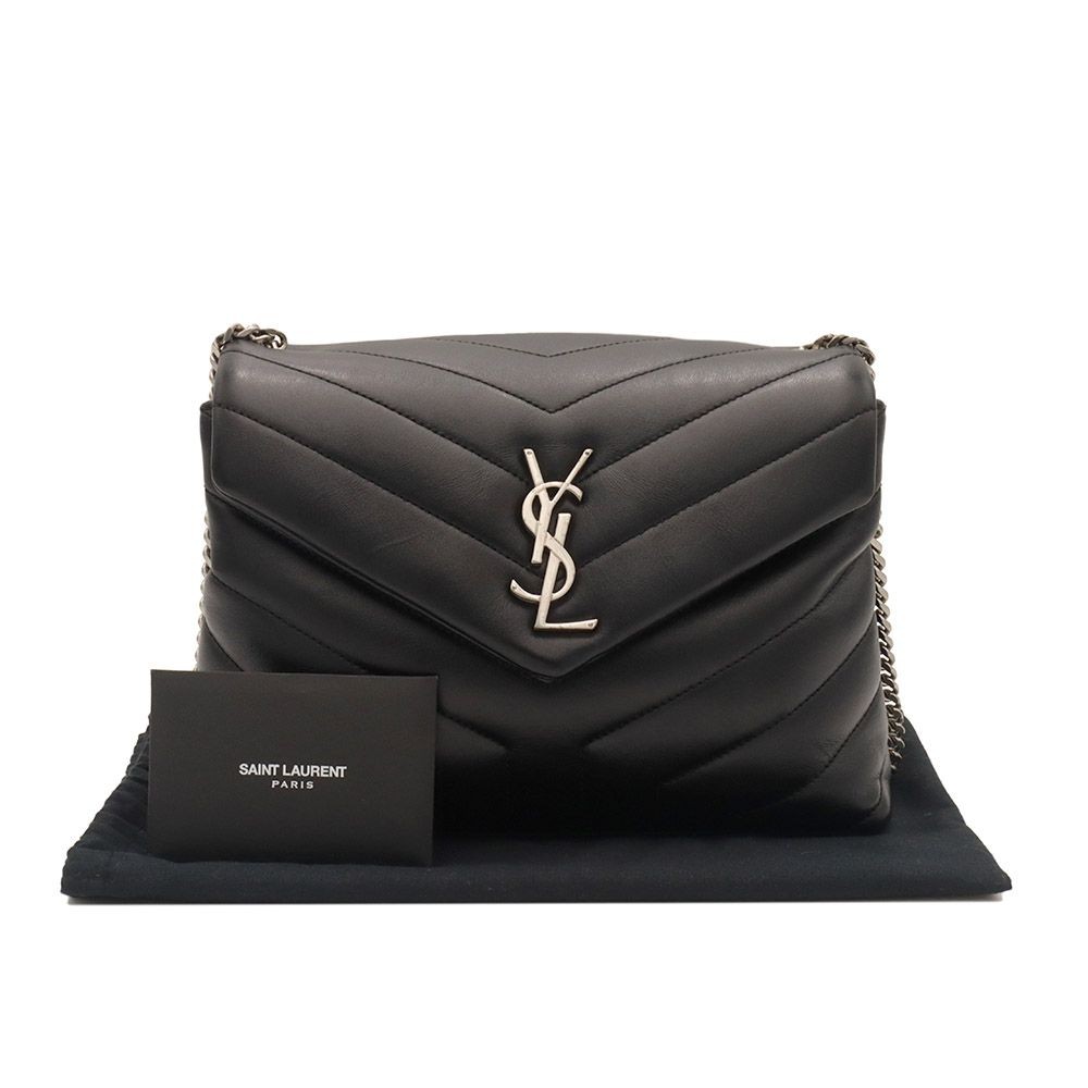 Borsa a tracolla piccola Saint Laurent nera matelassé argento catena monogramma Loulou