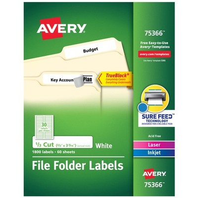Avery TrueBlock File Folder Labels, 2/3'' x 3-7/16'', 1,800 Printable Labels, Whit