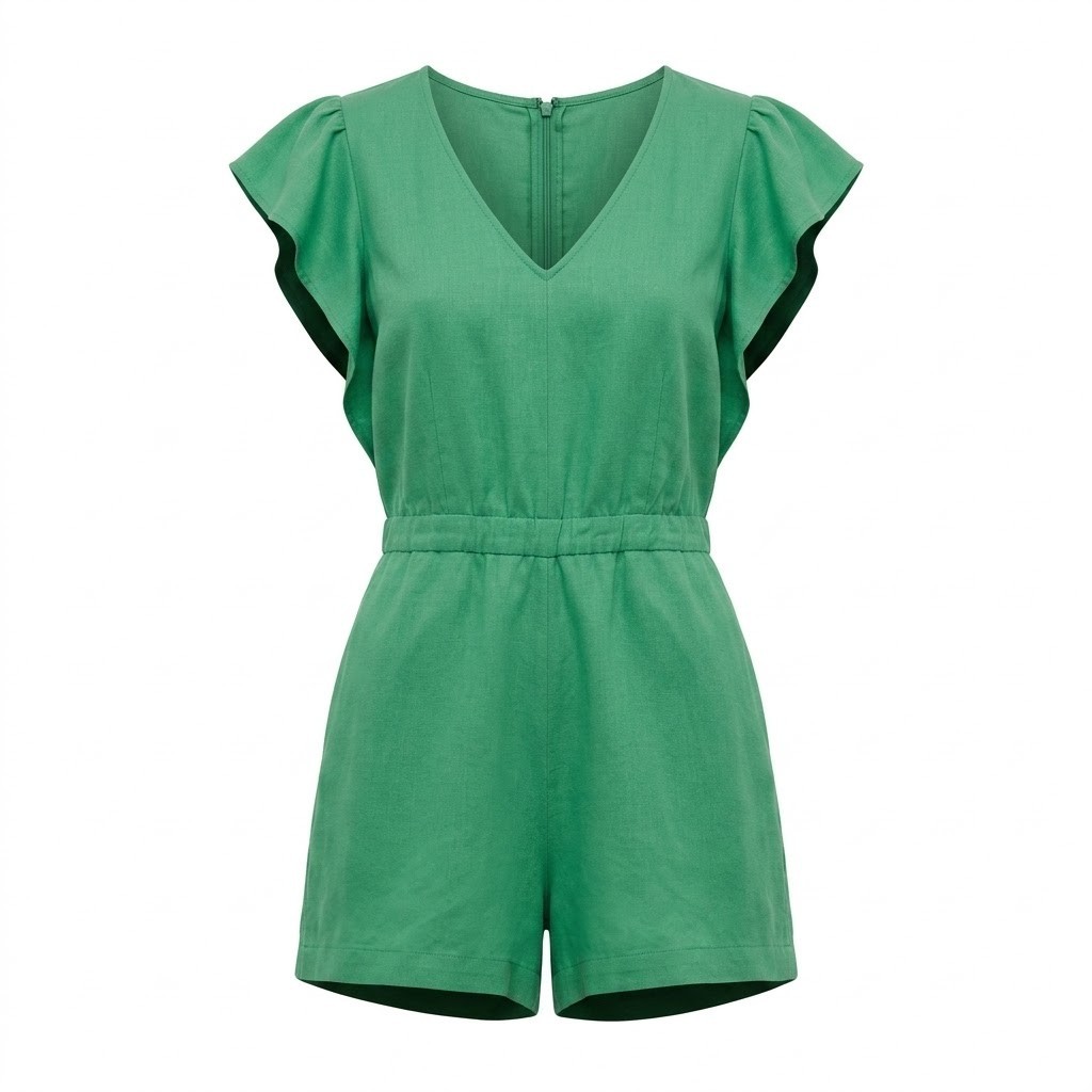 Ann Taylor Kelly Green Linen Romper Flutter Sleeve Preppy Jumpsuit Size 12