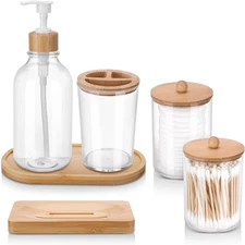 Fixwal Bathroom Soap Dispenser Set, Bamboo Bathroom Accessories Set of 6, Toothb