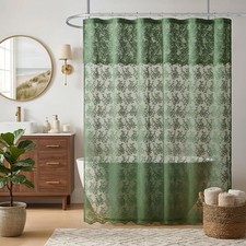 Green Lace Shower Curtain with Attached Valance, Scalloped Edge Floral Sheer