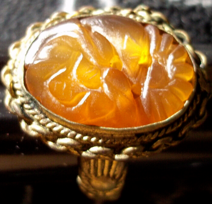 antique victorian china export ring 7 dragon floral carved orange stone chain