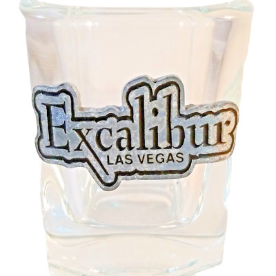 LAS VEGAS Nevada souvenir thick square shot glass Casino Excalibur Whiskey Metal