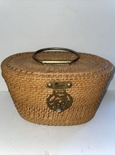 Woven Wicker Vintage Chinese Ceremonial Tea Basket Hand Made Brass Handle