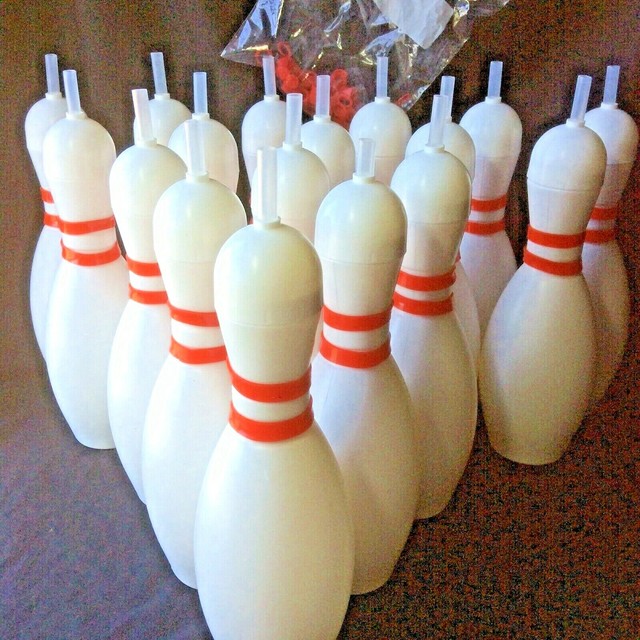 Bowling Pin Sports Bottle Lot of 17 with Straw Novelty Sipper Cups Bowl