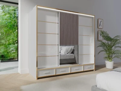RAC3 Sliding Door Wardrobe with Mirror, LED Light & Drawers – Modern Bedroom Closet