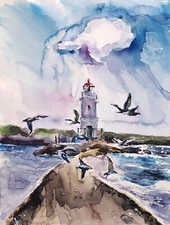 Original Seascape Watercolor Painting lighthouse sea nautical wall art 6x8 inche
