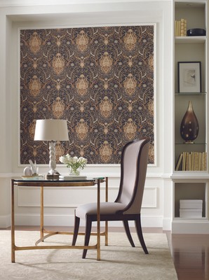 York Waverly Classic Byzance Paisley Damask Black Brown Gold Medallion Wallpaper
