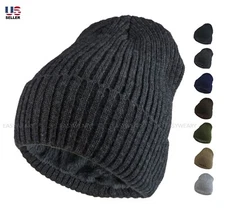 Mens Thick Soft Ribbed Beanie Hat Sherpa Fur Lined Knit Winter Thermal Ski Cap