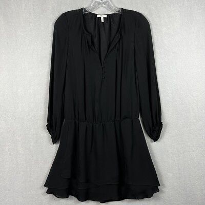 joie black silk dress Joie Dress Womens XS Black Silk LongSleeve Ruffle Hem Elastic Waist Blouson  Mini