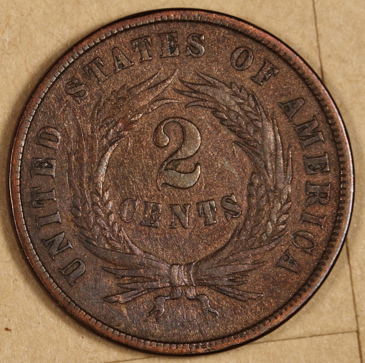 1865 2 Cent Piece. Error. Strike over Obverse Right of Date. VF