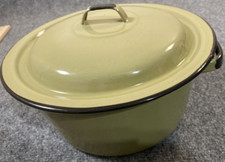 Vintage Green and Black Enameled Steel Cooking pot with Lid Camping Camper