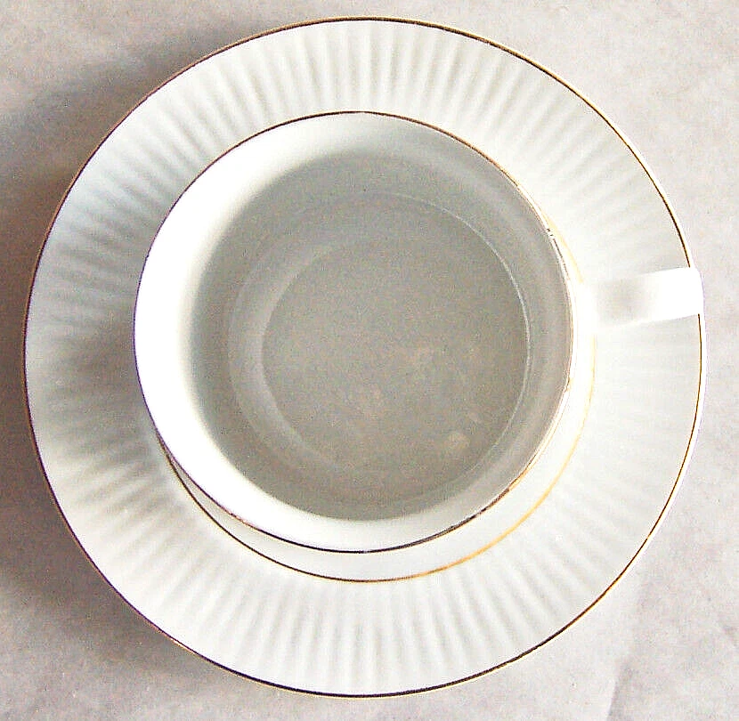 Gibson Black Tie Gold 8 oz CUP & SAUCER, White with Gold Trim, Ribbed Design - Image 3 of 3