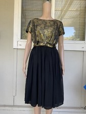 Vtg 60s Old Gold Brocade And Black Skirt Cocktail Party Dress 10