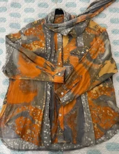 GIMO'S Vintage LS Shirt with Sewn-In Scarf, Pleats, Rounded Neck Women's Size XL