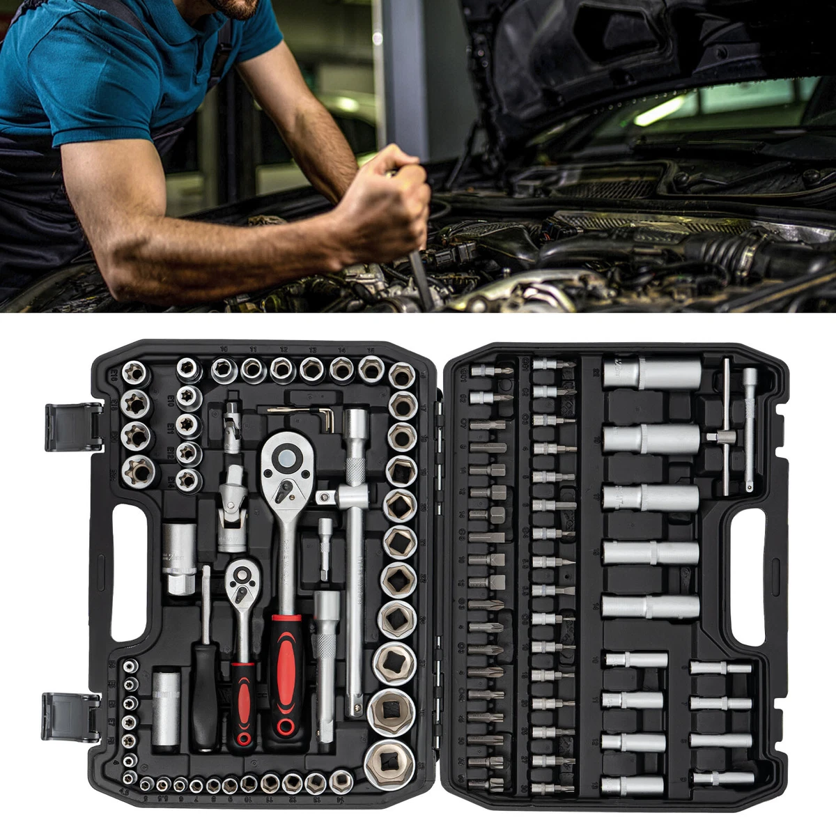 108Pcs Ratchet Wrench Mechanics Tools Kit Metric 1 4 And 1 2 Drive