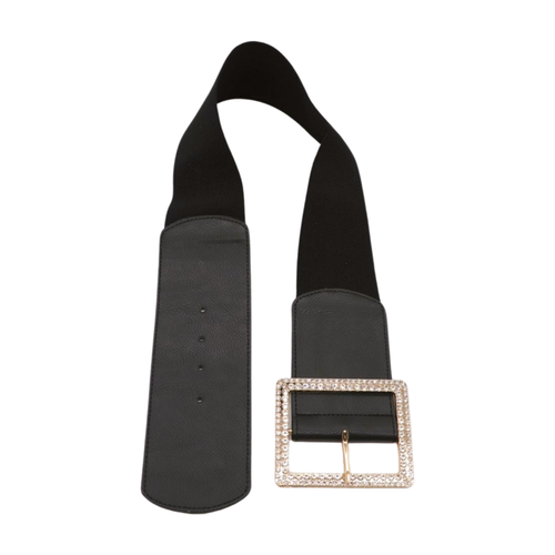 Women Black Elastic Waistband Belt Big Metal Gold Bling Square Buckle S M - Picture 16 of 18