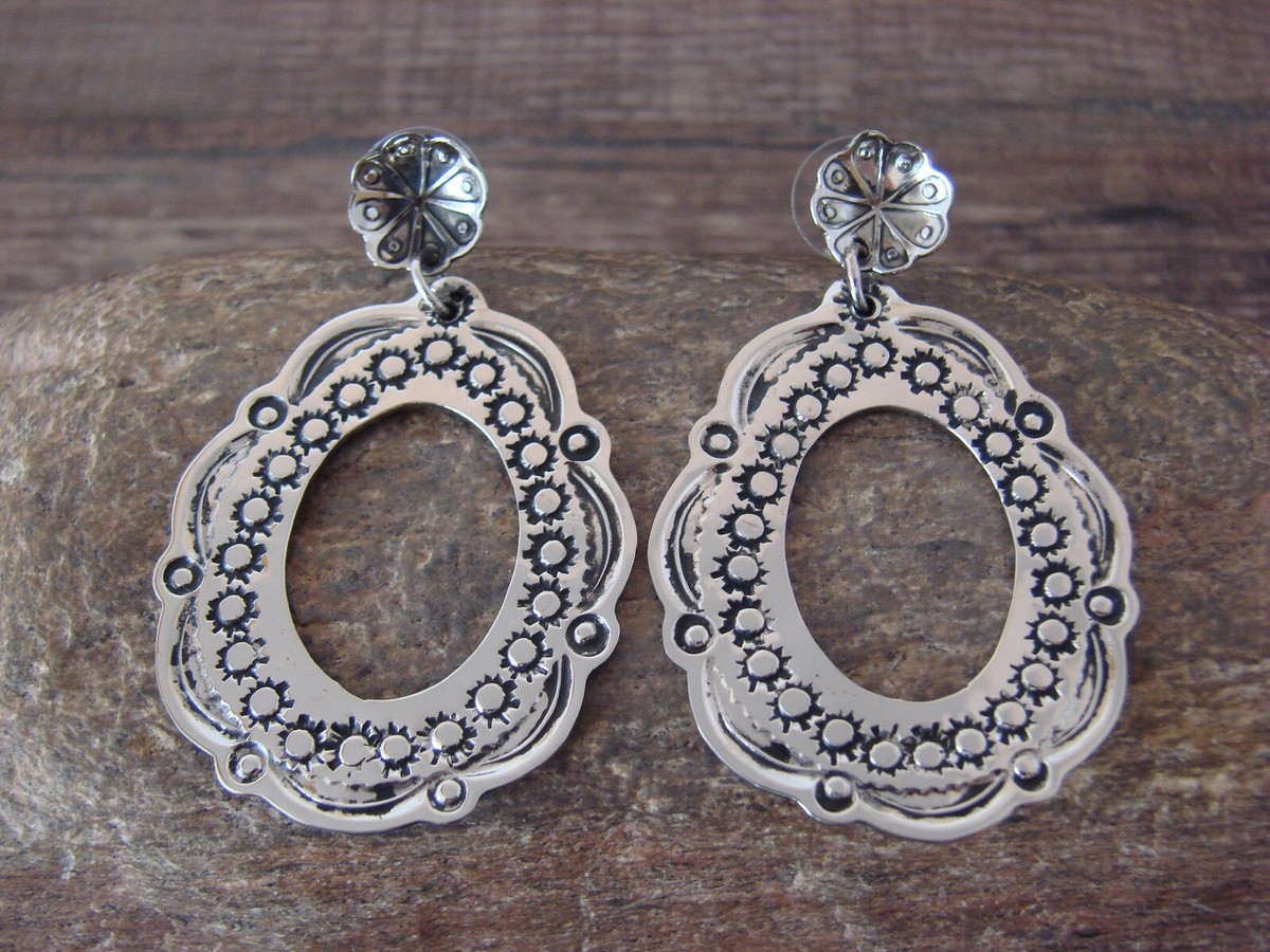 Navajo Indian Nickel Silver Stamped Oval Post Earrings by Jackie