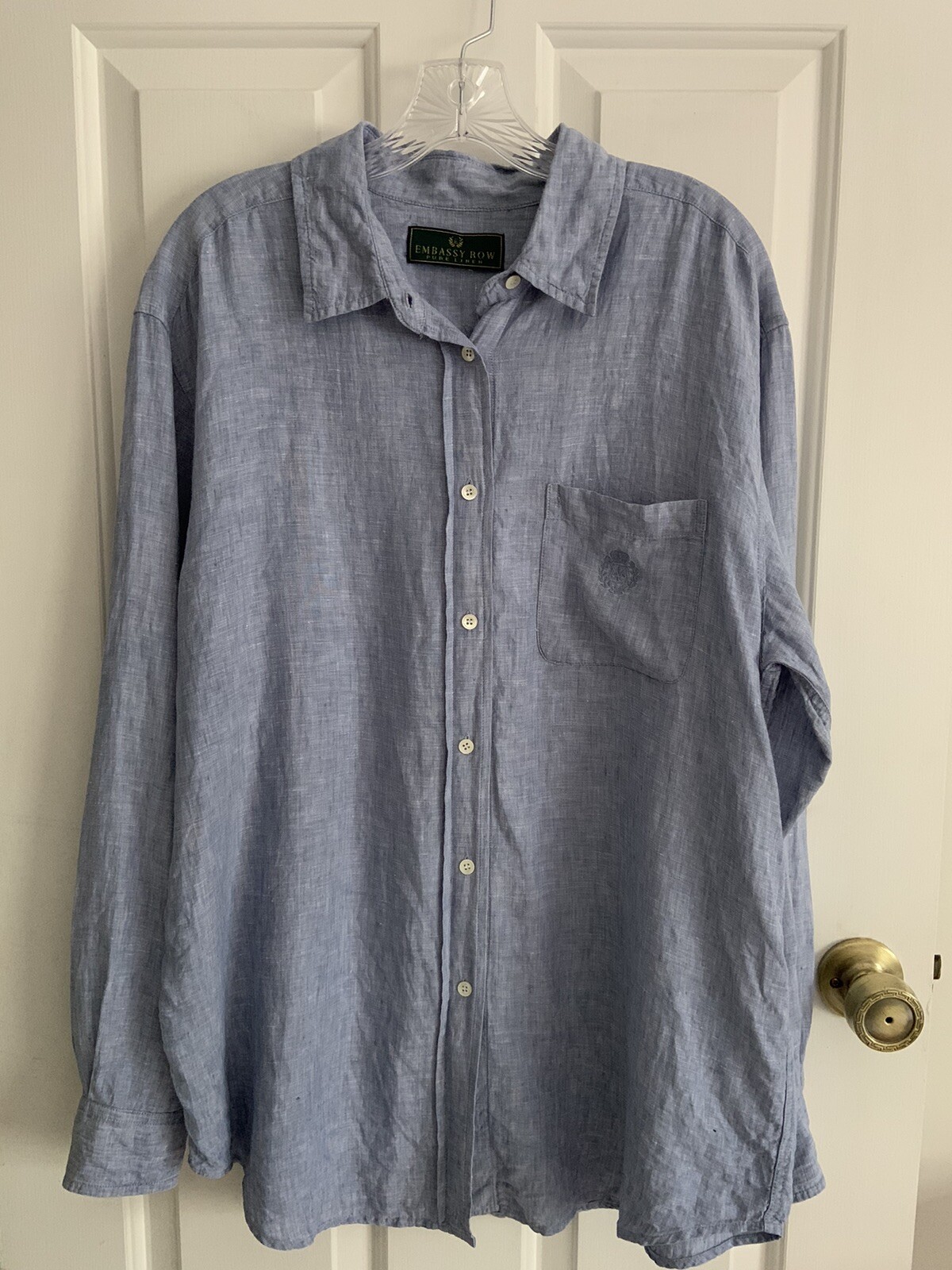 FILA CAMICIA uomo vintage EMBASSY ROW puro lino ricamato tasca blu chiaro tg 14 XL